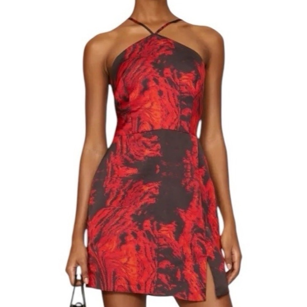 LOUNA Red Black Abstract Print Halter Mini Sheath Dress Size XL Evening Party